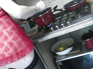 Naked cooking Two. No panties in transparent negligee in stockings high heels sexy blonde Milf. Natural tits. Ass. Pussy Shaved