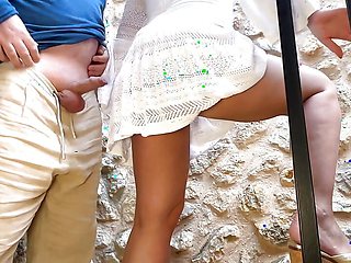 Outdoor City Quickie on Stairs with Girl in White Tight Bodycon Dress