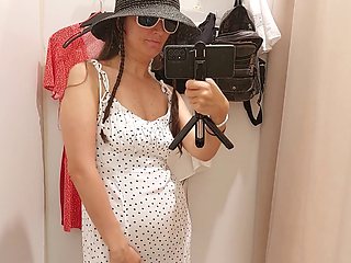 Sexy amateur wife with hairy pussy tries on lingerie with big nipples in fitting room