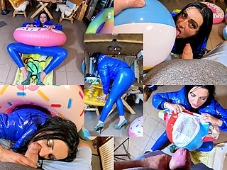 Dominant MILF Leather Pants and Glossy Downjacket. Air Mattress, Beach Ball Popping and Cum Play