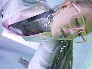 Glasses dressed in tattooed chick likes the tattooed dick hardcore dp and facial cumshot