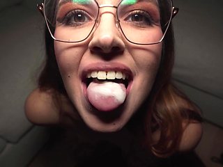 HD POV video of brunette Miriam More getting cum in mouth