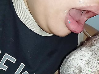 EXTREME CLOSE UP, see a little mouth wetting swallowing a hard cock