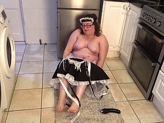 French Maid in the Kitchen Playing with Big Black Dildo