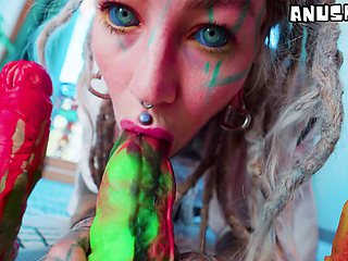 Tattooed Anuskatzz in Lingerie Double-Penetrates Ass with Crazy Dildos