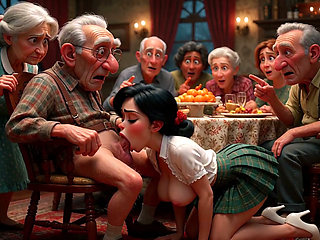 Elderly dinner turns explicit when an woman arrives to pleasure the guests (AI generated)
