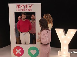 Blonde with pierced nipples kisses then takes doggy on a real life sex game show