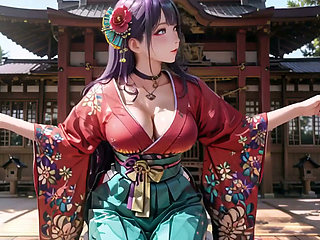 Purple Hair Kimono Girl's Private Morning! Red & Green Clash Is Insane.