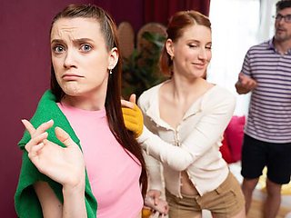 Redhead Alice Berry and Jacky Liz Hyde share a guy in glasses in a colorful bedroom