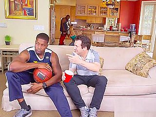 Horny basketball players seduce hot milf at the kitchen into hot threesome