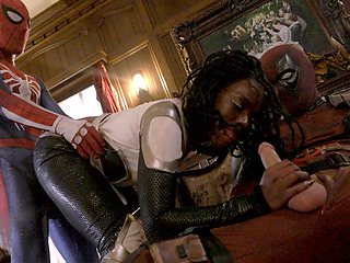 Insolent ebony fucked by two Spider men in loud MMF rounds