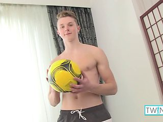 Cute teen Angel R ejaculates on his soccer ball