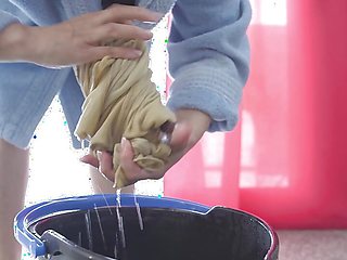 Maid Washes the Floor Peeking Panties Close-up