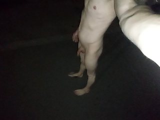 Tiny dick boy walking naked on the street almost caught