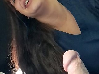 Brunette milf throated his dick in the car POV