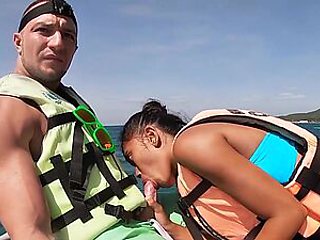 Perverted big dick guy experienced amazing amateur blowjob on a speedboat