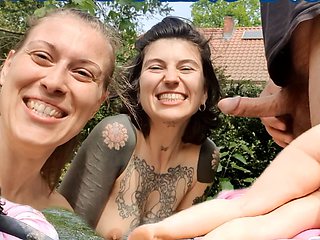 Outdoor Double Blowjob after some Fun in our Pond