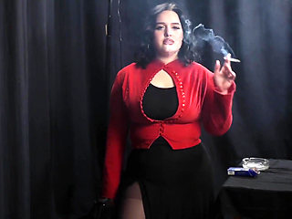 Curvy Brunette Smoking in Red Cardigan