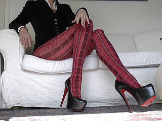 Red Tartan Tights and Extreme Heels Legs Show