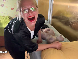 The Massager Give Handjob to the Erected Tranny Patient and Laugh on Him