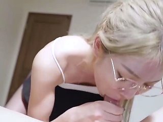Asian blonde female in glasses gives him a hot suck