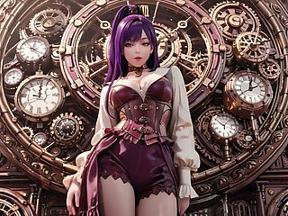 Purple Hairs in a Steam Fantasy! Surrounded by giant gears, she kneels lazily.