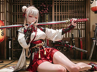 Red & White Kimono Warrior! Kneeling on Tatami with Dual Blades, Silver-Haired Girl's Mesmerizing Gaze.