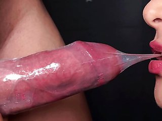 CLOSE UP: Horny Condom Blowjob! She Broke The Condom And Got The Cum In Her Mouth