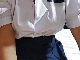POV Fuck Thai student 18 years old  dress fuck with teacher cum on her skirt