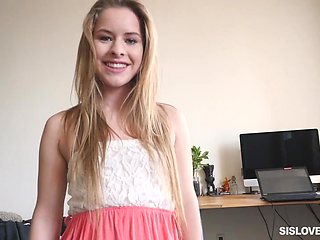 Pretty teen stepsister Lilly Ford is sucking and riding her stepbrother's cock in POV