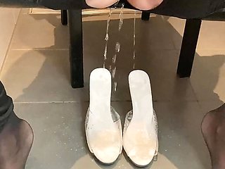 Cum and Piss on White High Heel Mules