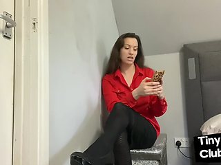 SPH domina in leather skirt talks bad to small dick losers