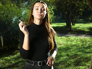 Seductive Russian Beauty Smoking Cigarette Outdoor Vibes
