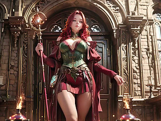 Red Haired Sorceress Awakens! Kneeling in the Gothic Cathedral, golden halos surround her as her skirt lifts.