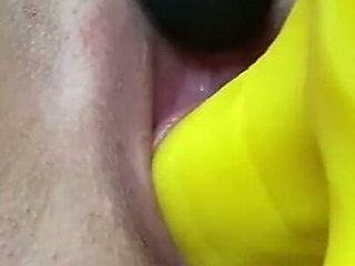 Up Close Orgasms with Thick Yellow Dildo