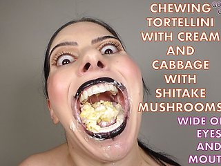 Chewing Tortellini with Cream and Cabbage with Mushrooms - Wide Open Eyes and Mouth