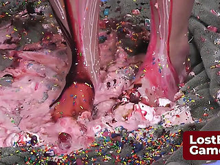 Amateur Lesbian Strip Game with Big Natural Tits - Girls Take Turns with a Knob for a Messy Facial