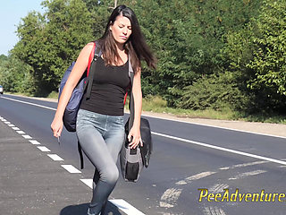 Waiting for her boyfriend with her bladder full - Changing her pee stained clothes outside