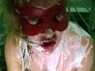 Milk enema for dirty slut on the stairs