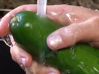 A Desperate Housewife Uses Cucumber and Carrot as a Substitute for a Big Hard Cock