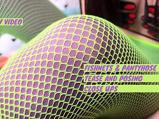 Green fishnets on purple tights trying on teaser