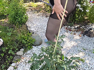 Mature Wife in Sheer Pantyhose Gets Fucked Hard in the Garden by Her Horny Old Man