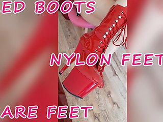 Lady Angela Red Pleaser Boots Nylon Feet and Bare Feet Foot Tattoo Pedicure