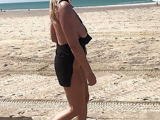 Sloppy Beach Walk: Blonde Shows Her Pussy & Boobs in Public - Exposed in Public