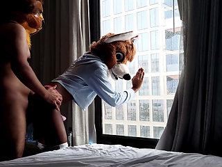 Bareback Femboy Furry Fursuit Fuck in Front of Window