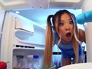 Facesitting ebony MILF seduces Asian lez in kitchen