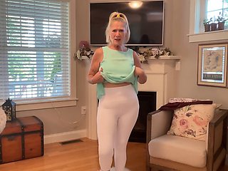 White leggings and red leather pants on a daring 66-year-old milf!