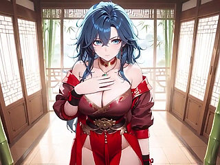 Blue-haired Domme Vs Muscular! Forbidden Deep Squats in a Navy Bedroom, Shy Chest Covering but Hips Thrusting Wildly
