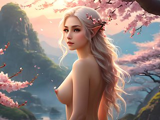 Beautiful Big Breasted Nude Elf Girl in Cherry Blossoms in Japan