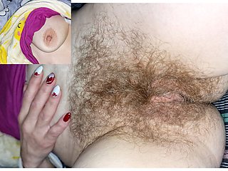 Wife's hairy stretched pussy. I record her masturbating before falling asleep.